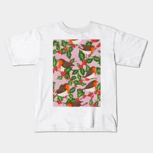 Paper cut robins in a holly tree repeat pattern Kids T-Shirt